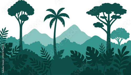 Seamless tropical jungle scene featuring a horizontal vector with rainforest and mountain backdrop