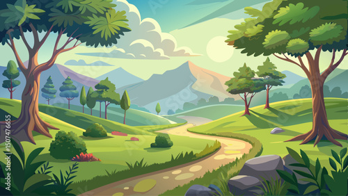 Serene natural landscape bathed in soft morning light reveals lush greenery and a gentle meandering pathway, creating a tranquil setting surrounded by majestic trees and distant rolling hills.