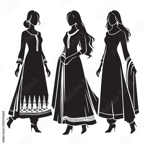 Elegant profile of salwar kameez drawn in silhouette style – salwar kameez silhouette – salwar kameez vector – salwar kameez illustration – ladies dress silhouette – silhouette of salwar kameez

