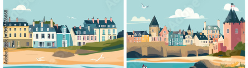 colorful coastal village houses sea shore with sandy beach seagulls flat minimalist vector illustration panoramic view travel vacation background