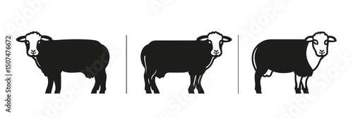 Minimalist black silhouette line art of domestic cattle, sheep, or goat side profile grazing animals in flat vector style isolated on white background with clear separation lines