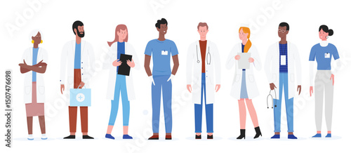 Doctor people diversity vector illustration set. Cartoon flat man woman professional hospital staff, physician character with stethoscope, doctor and nurse standing together, medical clinic team