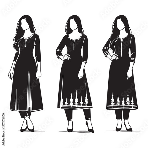 Flat vector artwork showing silhouette of salwar kameez attire – salwar kameez silhouette – salwar kameez vector – salwar kameez illustration – ladies dress silhouette – silhouette of salwar kameez

