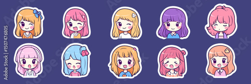 Set of kawaii anime girl faces with various hair colors and cute expressions in flat minimalist vector sticker style on dark background