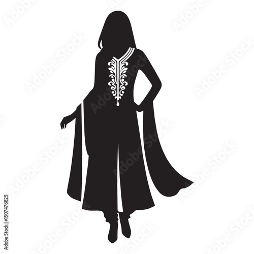 Flowing salwar kameez outfit simplified into silhouette vector – salwar kameez silhouette – salwar kameez vector – salwar kameez illustration – ladies dress silhouette – silhouette of salwar kameez

