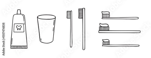 Toothpaste, toothbrush, dental cleaning equipment doodle hand drawn icon. Outline drawing toothpaste, toothbrush, line clipart symbol