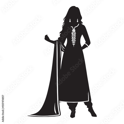 Crisp silhouette art of salwar kameez with clean vector edges – salwar kameez silhouette – salwar kameez vector – salwar kameez illustration – ladies dress silhouette – silhouette of salwar kameez

