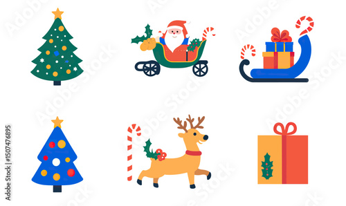 Flat minimalist Christmas holiday icons set featuring decorated Christmas trees, Santa Claus in sleigh with candy cane, reindeer with holly, sleigh with gifts, and wrapped Christmas present