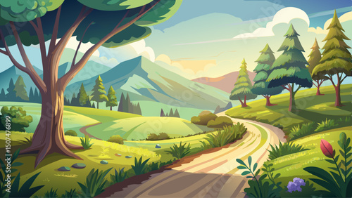 Serene natural landscape bathed in soft morning light reveals lush greenery and a gentle meandering pathway, creating a tranquil setting surrounded by majestic trees and distant rolling hills.