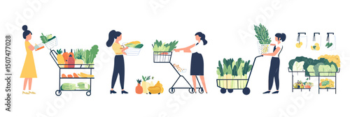 Women shopping fresh organic vegetables and groceries in supermarket with trolleys and baskets flat minimalist vector illustration food buying healthy lifestyle concept