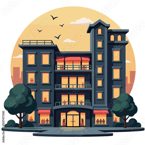Modern multistory building with trees and sunset backdrop  