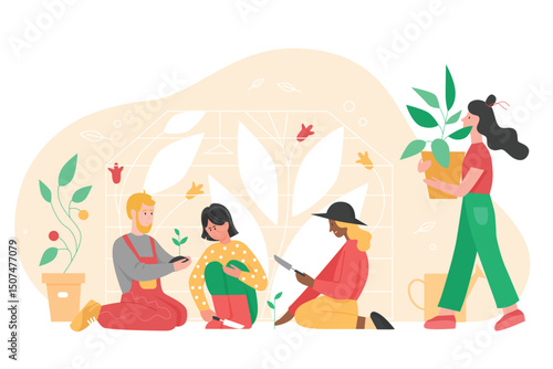 People gardening vector illustration. Cartoon flat man woman group of gardener characters planting flower, fruit tree or houseplant in pot, working in garden. Agricultural hobby isolated on white