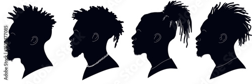 Profile silhouettes of African American men with diverse modern hairstyles including twists, dreadlocks, and afro, minimalist black contour vector illustration on white background