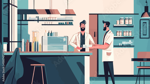 Male pharmacist consulting male customer at pharmacy counter holding medical prescription in modern healthcare store interior flat vector illustration
