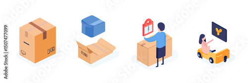 Isometric delivery service process icons including closed package box, opened cardboard box, worker checking clipboard, and forklift operator handling parcel in flat style