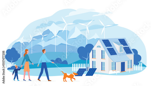Save earth ecology technology vector illustration. Cartoon flat landscape with ecofriendly house, family people using eco solar panels, wind windmills for ecological renewable energy isolated on white