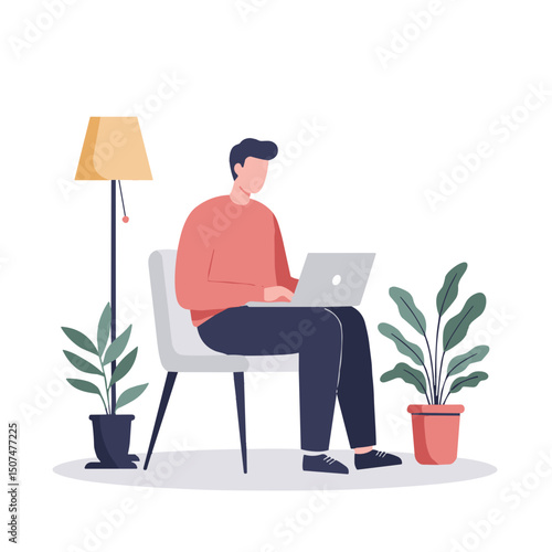 Young man working on laptop while sitting in chair with plants  