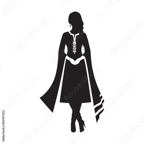 Traditional salwar kameez outfit outlined in bold silhouette – salwar kameez silhouette – salwar kameez vector – salwar kameez illustration – ladies dress silhouette – silhouette of salwar kameez

