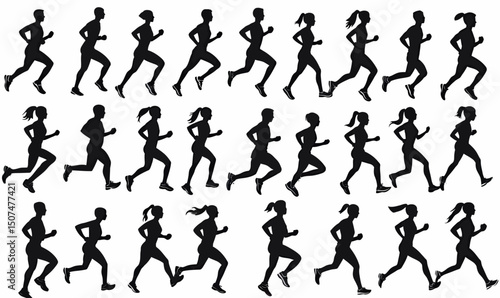 Silhouette set of male and female runners jogging and sprinting in various athletic running poses isolated on white background fitness exercise marathon competition race speed motion
