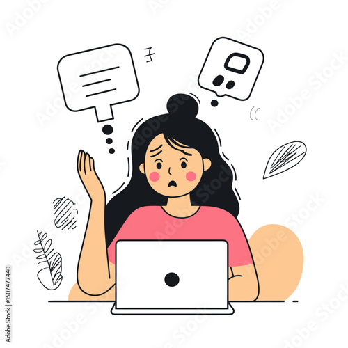 Worried woman sitting at laptop with confused expression and speech bubbles showing question and error symbols in minimalist flat vector illustration