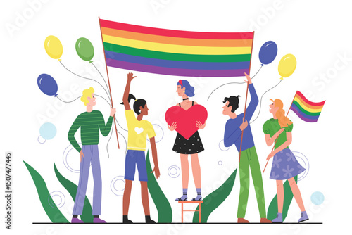 LGBT pride parade concept flat vector illustration. Cartoon happy young group of gay, lesbian, transgender activist characters with rainbow flag participating in LGBTQ pride month festival celebration
