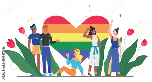 LGBT pride rainbow heart concept vector illustration. Cartoon flat happy LGBT community diversity people standing together with rainbow heart, symbol of love, equality, tolerance isolated on white