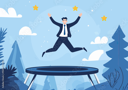 Businessman jumping on trampoline reaching stars in sky outdoors success achievement career growth concept flat vector illustration