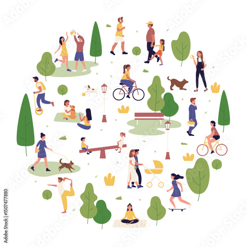 Summer park outdoor activity vector illustration. Cartoon flat active people spend time in city park together, walking or playing with dog, have fun and do sport workout exercises isolated on white