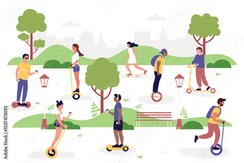 People in park vector illustration. Cartoon flat woman man hipster riding modern electric segway, kick scooter gyroscope or hoverboard with coffee cup, healthy sport outdoor activity isolated on white