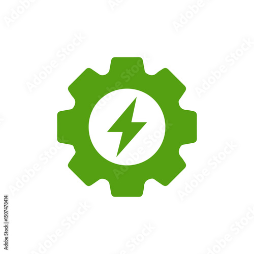 A green gear with a lightning bolt represents ecofriendly energy solutions, highlighting the blend of technology and sustainability crucial for the future of energy and environmental preservation