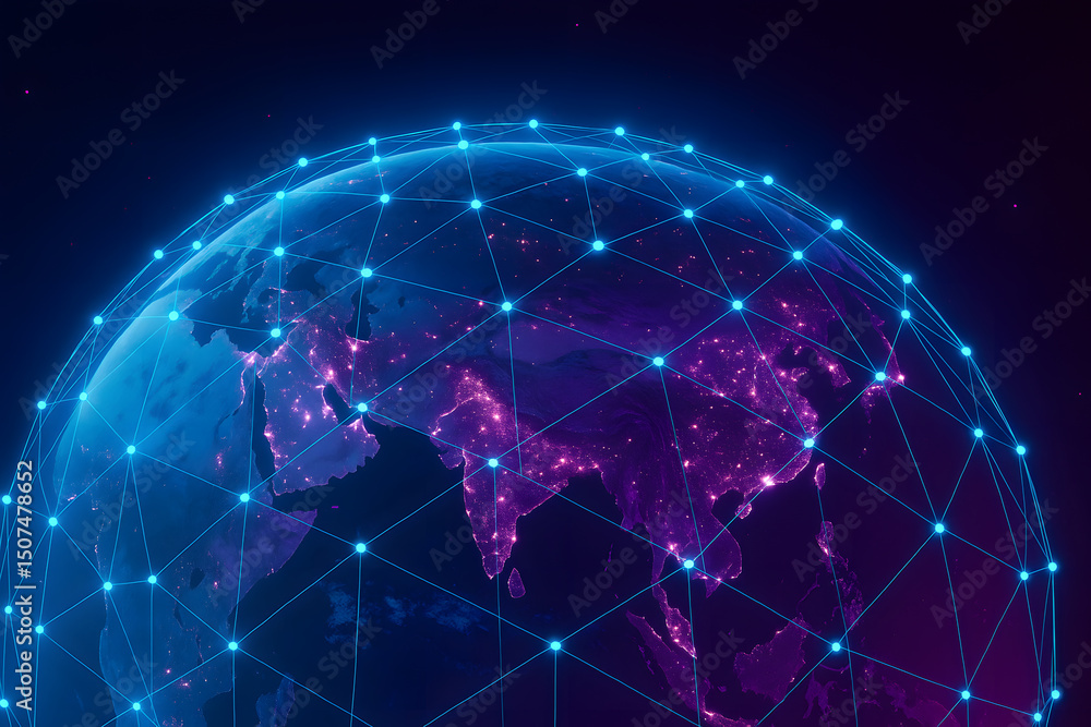 Fototapeta premium Digital Earth Model with Network Connections Representing Worldwide Data Connectivity and Communication