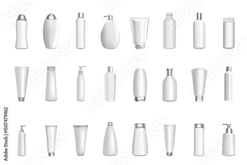 Realistic 3d vector cosmetic Product bottle pack package blank templates mockup of soft white plastic cosmetics containers. Spray bottles, cream, soups, foams, shampoo, dispenser set