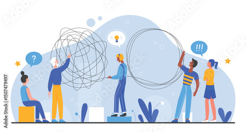Solution business problem vector illustration. Cartoon flat employee people team brainstorming together, working on creative goal idea, solving problematic task. Business challenge, teamwork concept