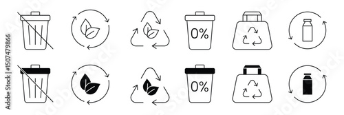 Set of waste management icon collection. Zero waste, composting, incineration, waste reduction, garbage disposal, waste sorting symbol.