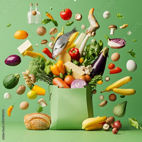 Grocery bag filled with assorted fresh produce and foods.