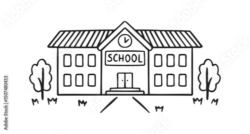 School building vector for coloring book doodle hand drawn icon. Outline drawing school building line clipart symbol