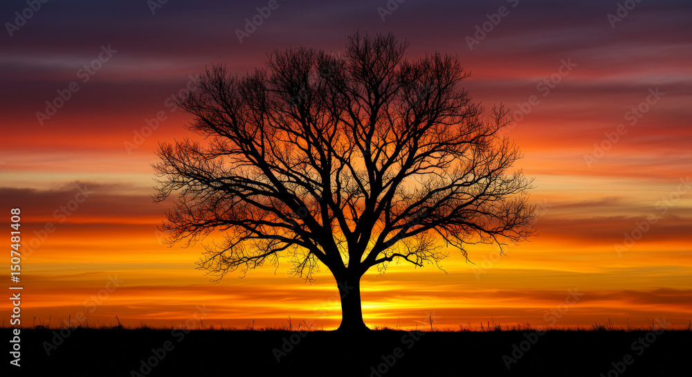 Silhouette Of A Tree Against A Vivid Sunset Sky Displaying Orange And Yellow Hues And Dramatic Clouds Silhouette Of A Tree Against A Vivid Sunset Sky Displaying Orange And Yellow Hues And Dramatic Clouds