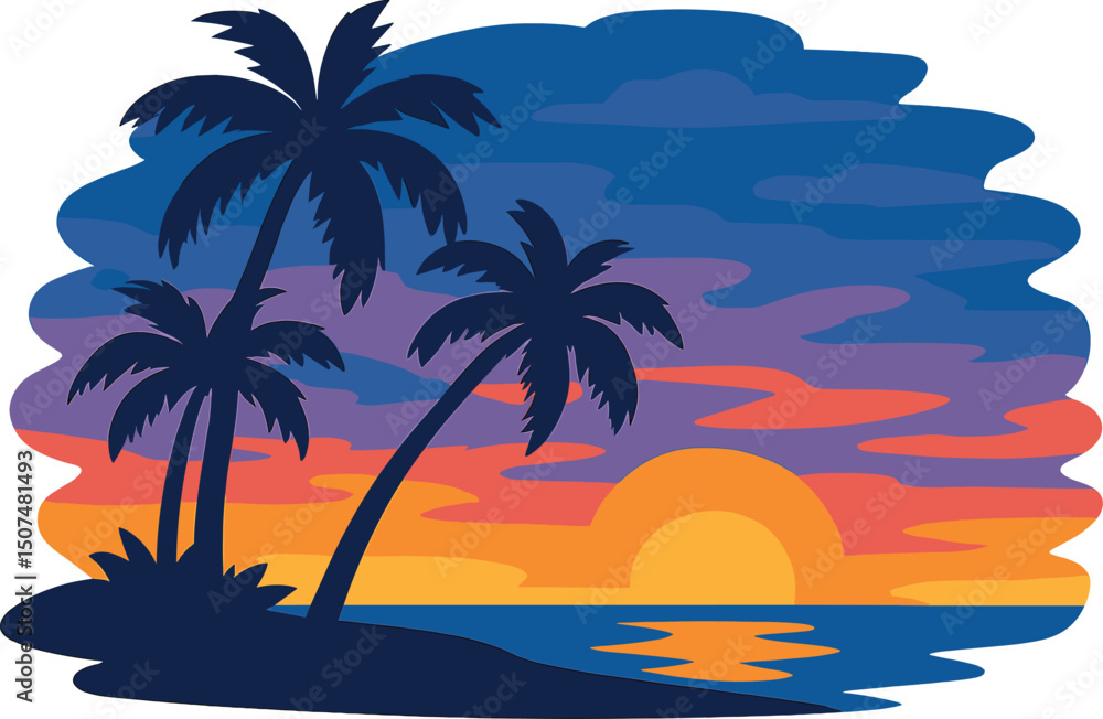 A serene beach scene at evening time features palm trees swaying gently in the breeze, set against a vibrant backdrop of colors A serene beach scene at evening time features palm trees swaying gently in the breeze, set against a vibrant backdrop of colors