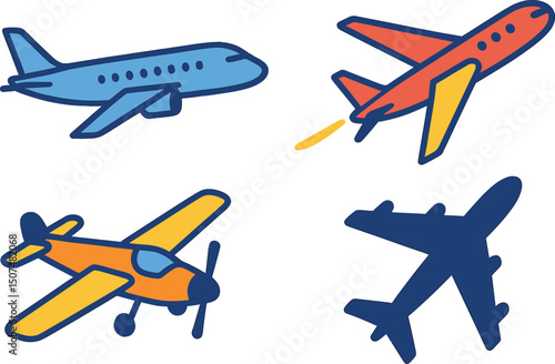 A collection of plane icons, including airplane vector icons and flight transport symbols, represents the concept of travel