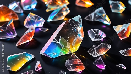 Wallpaper Mural Shattered crystal fragments scattering light in rainbow colors on a black background, creating a vibrant abstract scene. Generative Ai. Torontodigital.ca