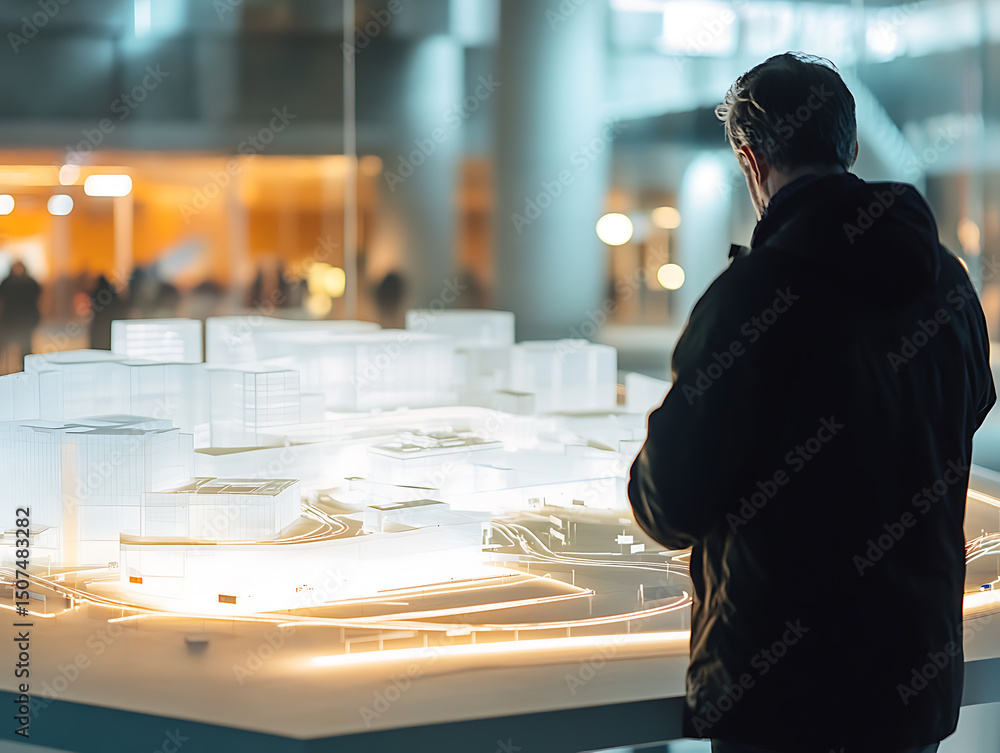 Obraz premium Man Observing Architectural Model in a Modern Building