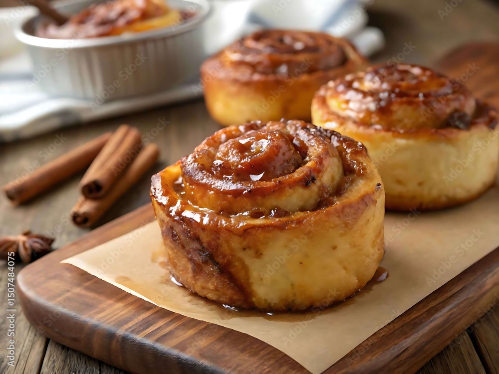 Delicious cinnamon rolls with caramel glaze on wooden board Delicious cinnamon rolls with caramel glaze on wooden board