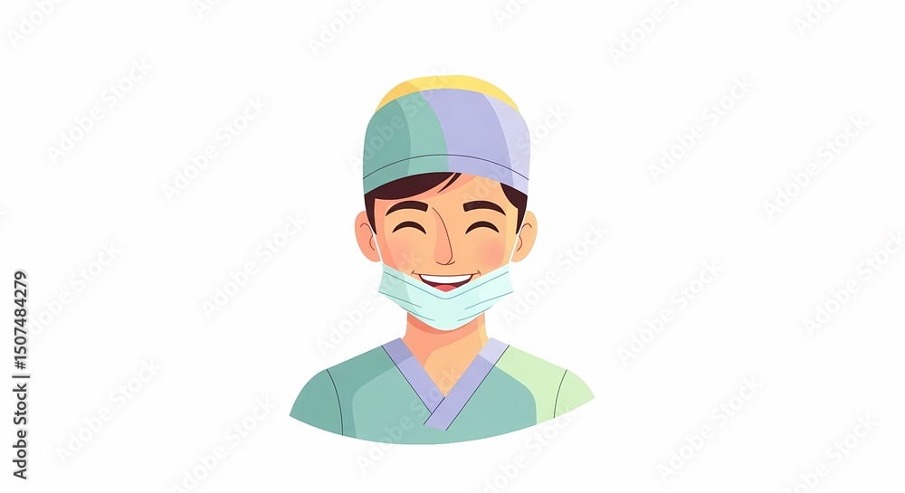 Smiling Doctor Wearing Surgical Mask and Scrub Cap on White Background Smiling Doctor Wearing Surgical Mask and Scrub Cap on White Background