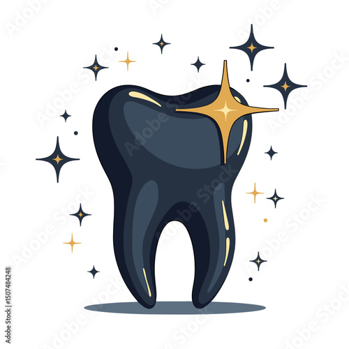 Cartoon illustration of dark tooth with glitter symbolizing dental health