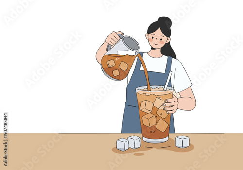 A young Asian woman pours ice into a glass of iced coffee. Clean, modern illustration style. Focus on refreshment and a cool aesthetic.