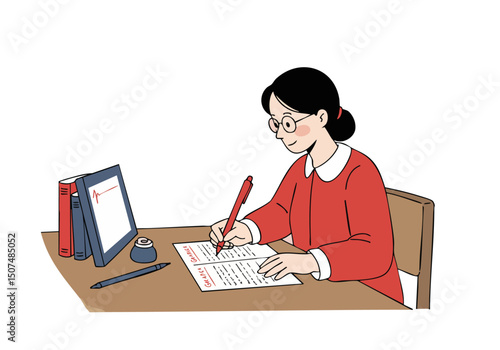 A young Asian woman with glasses smiles while grading papers at a desk, surrounded by books. A digital display shows a grade mark. Warm, inviting scene.