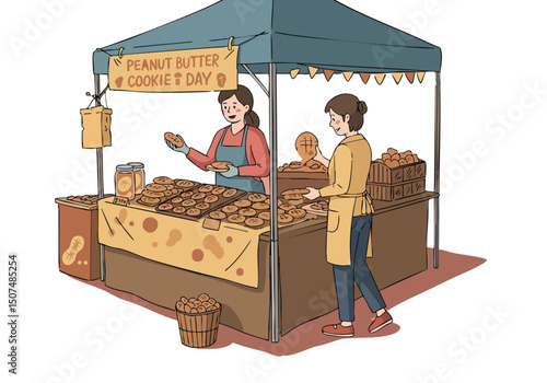 A cheerful market stall displays rows of peanut butter cookies. A vendor serves a customer, creating a warm, inviting scene. Bright colors and a rustic aesthetic.