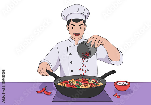 A smiling chef adds chili peppers to a wok, creating a vibrant and spicy dish. Professional, culinary, and appetizing.