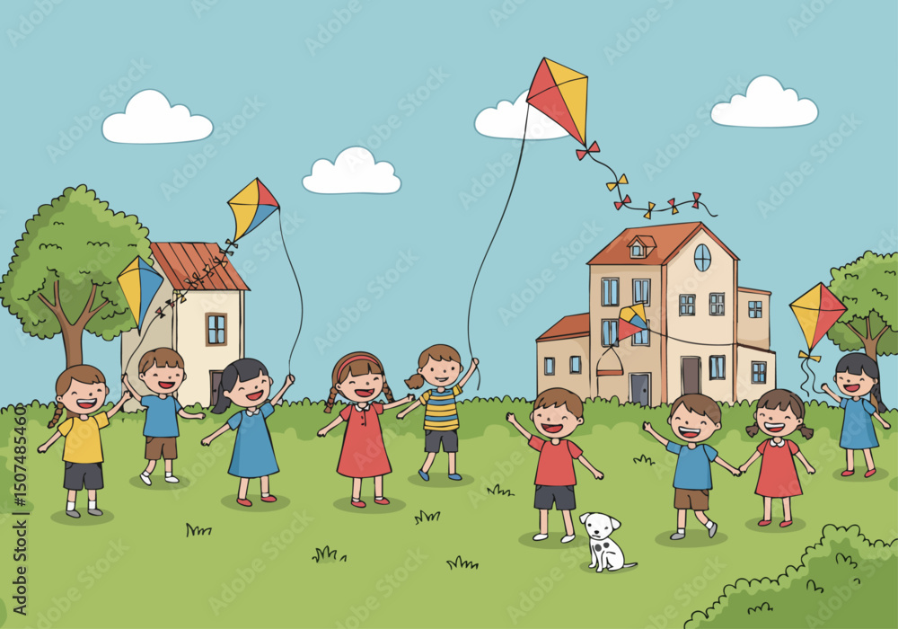 Naklejka premium Children fly kites on a sunny day in a picturesque village. A joyful scene celebrating Child Labor Day. Bright, playful illustration.