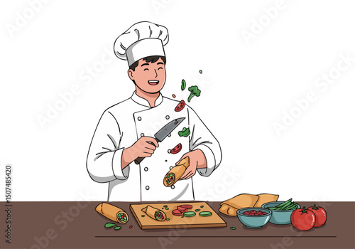 A smiling chef, Veggie Prep Zest, expertly prepares egg rolls. Vibrant vegetables and rolls are displayed on a cutting board. Bright, cheerful, and perfect for food-related visuals.